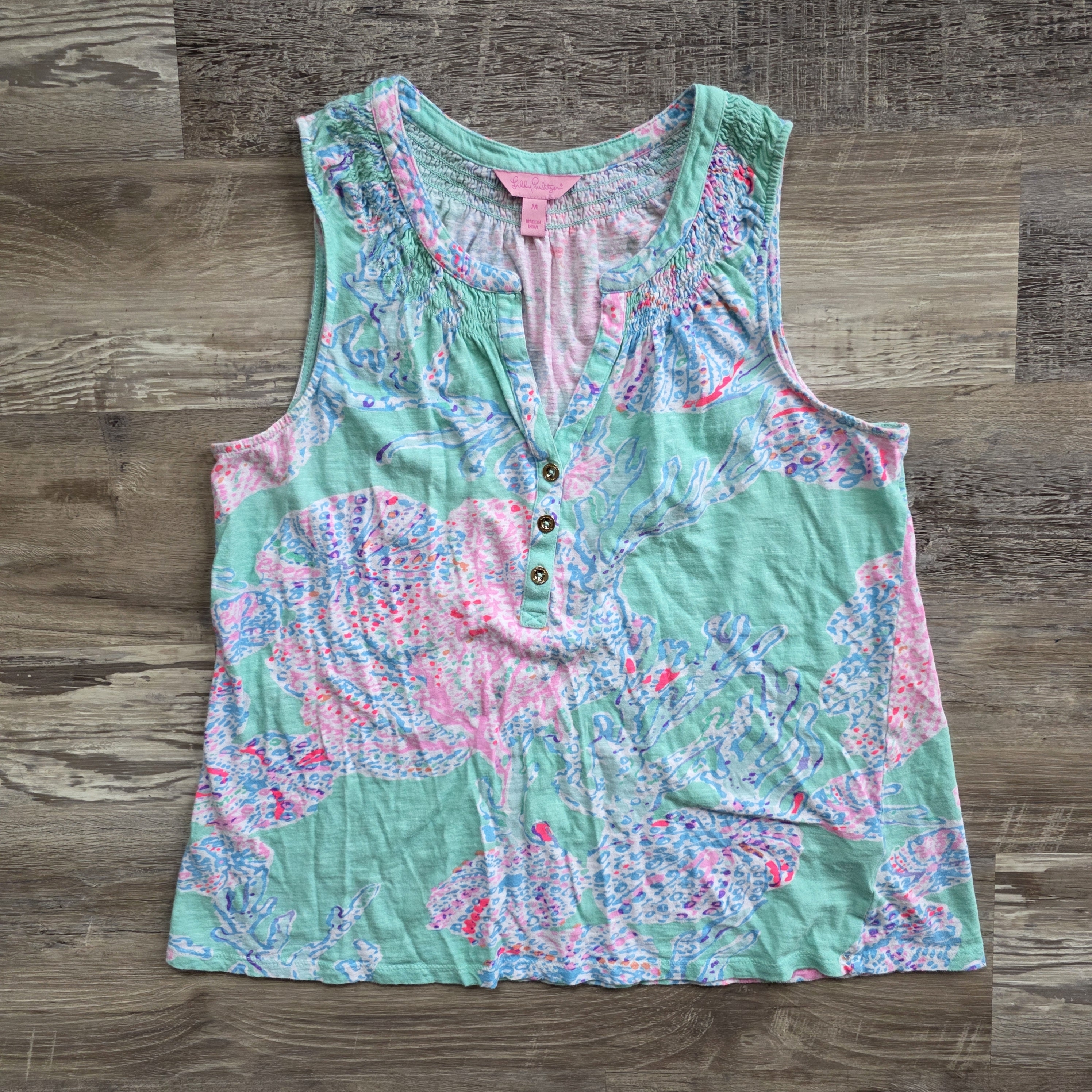 Lilly Pulitzer Essie Top Shirt Blouse In Minty Fresh Fan Sea Cotton Size Medium